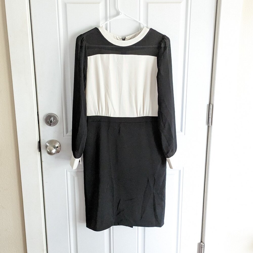 Martan Color Block White/Black Long Sleeve Sheath Dress